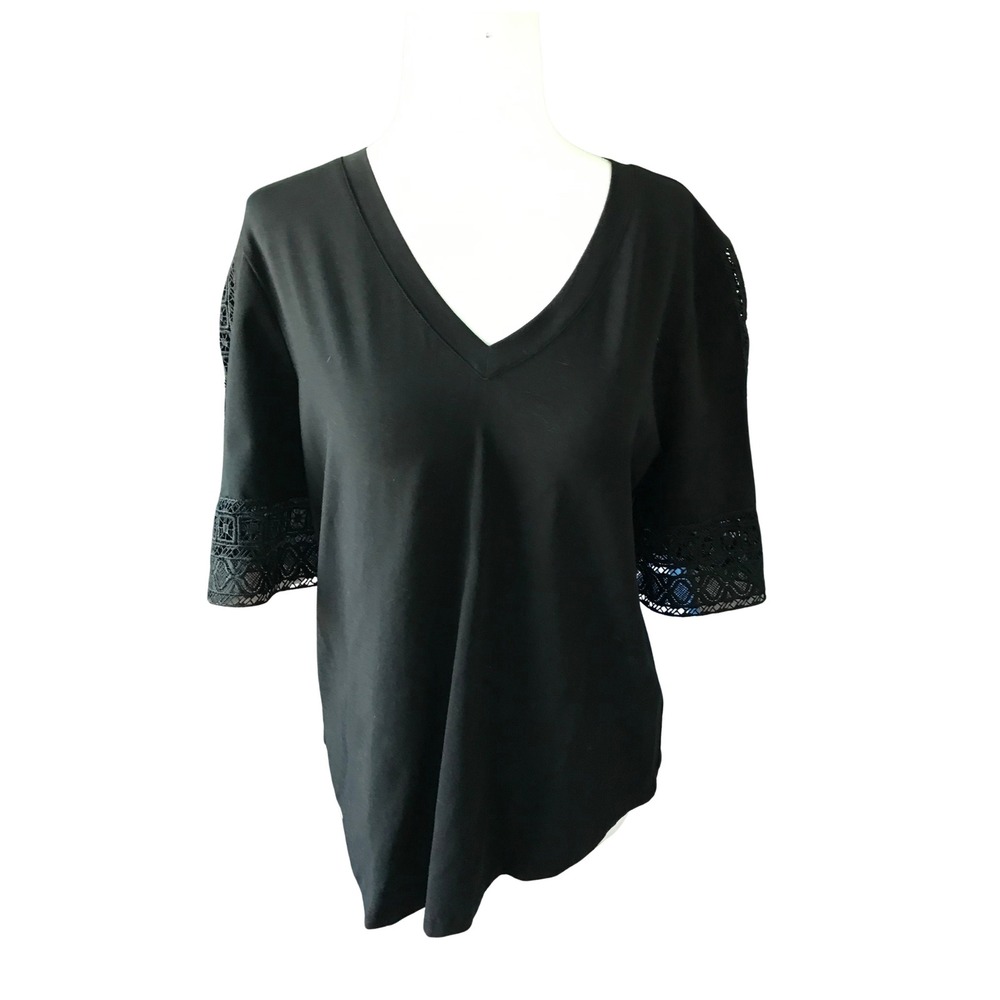 Chicos Black V-Neck Crochet Lace Trim Sleeve Top Size 1 M Medium